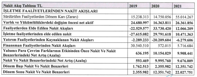 nakit akış tablosu